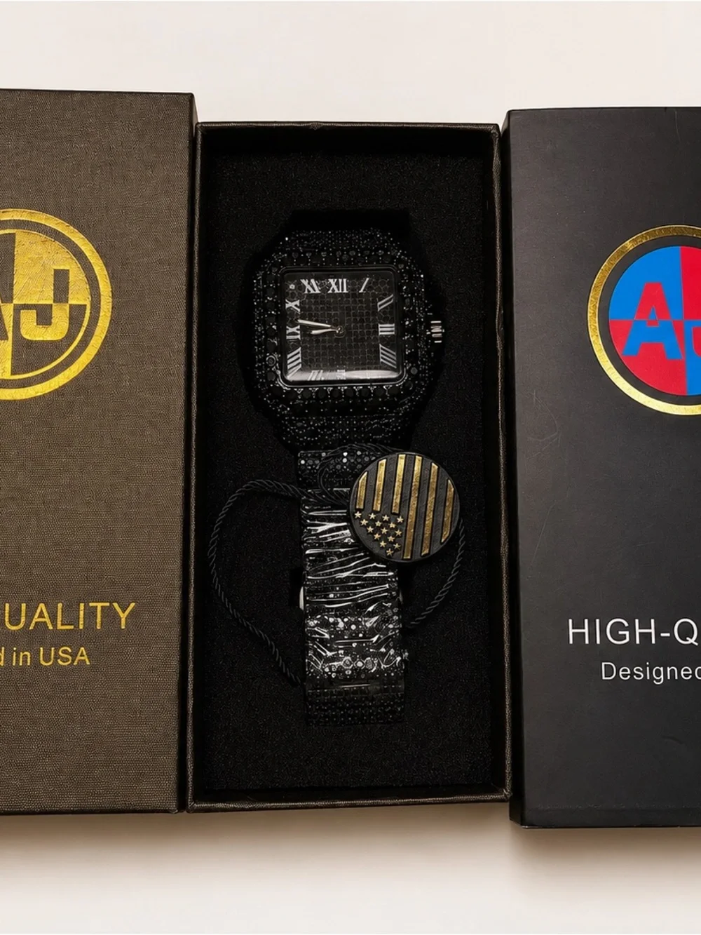 Original AJ Black ice square watch / Roman numeral dial / luxury stainless steel